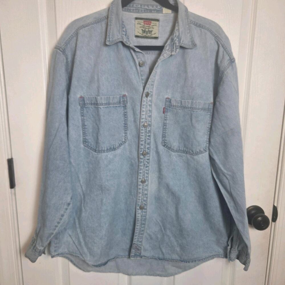 Vintage Levi's Shirt Mens Large Blue Denim Metal Button Pockets Long Sleeve 90s